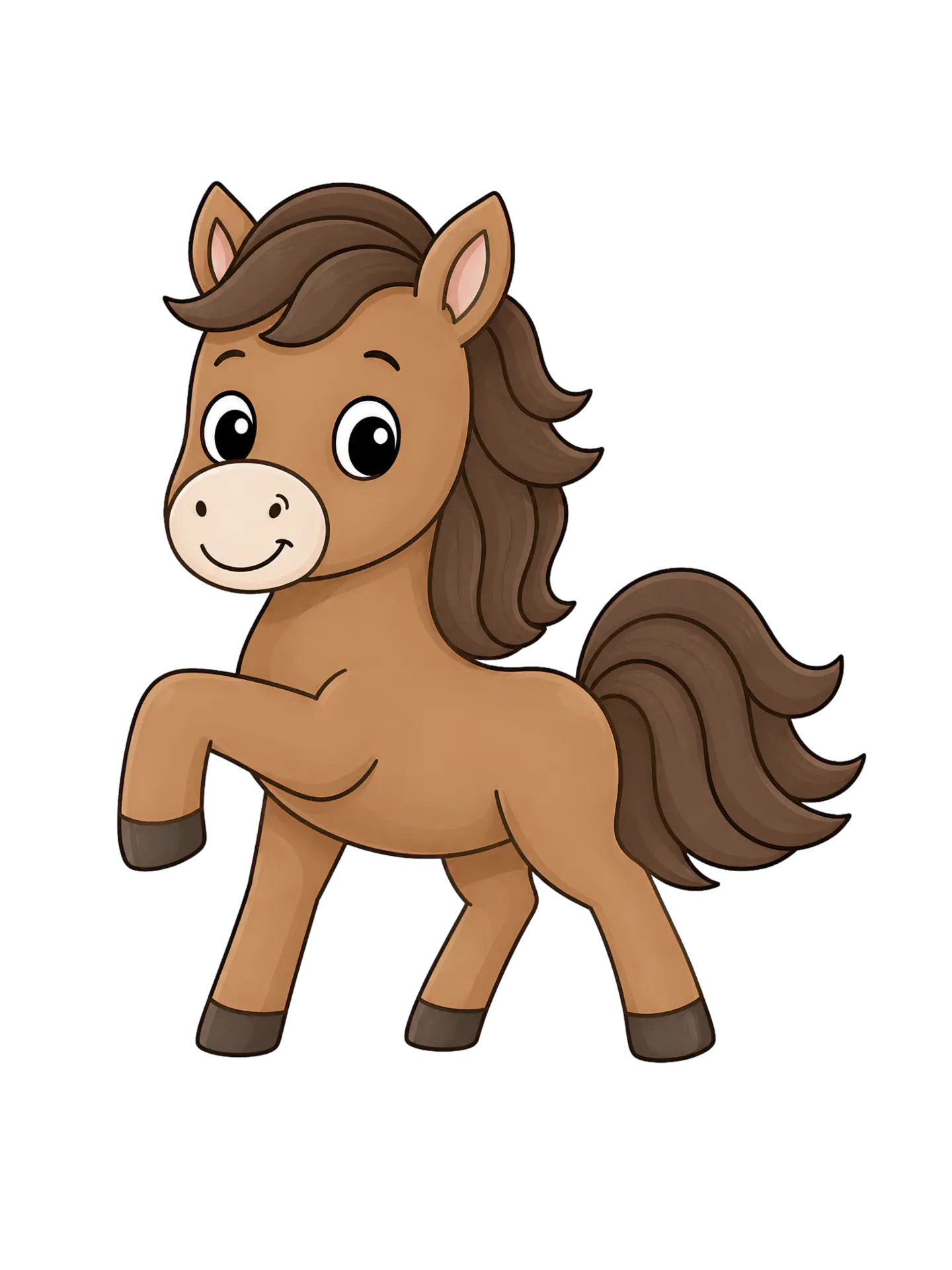 Illustration of a brown horse trotting with one hoof lifted.