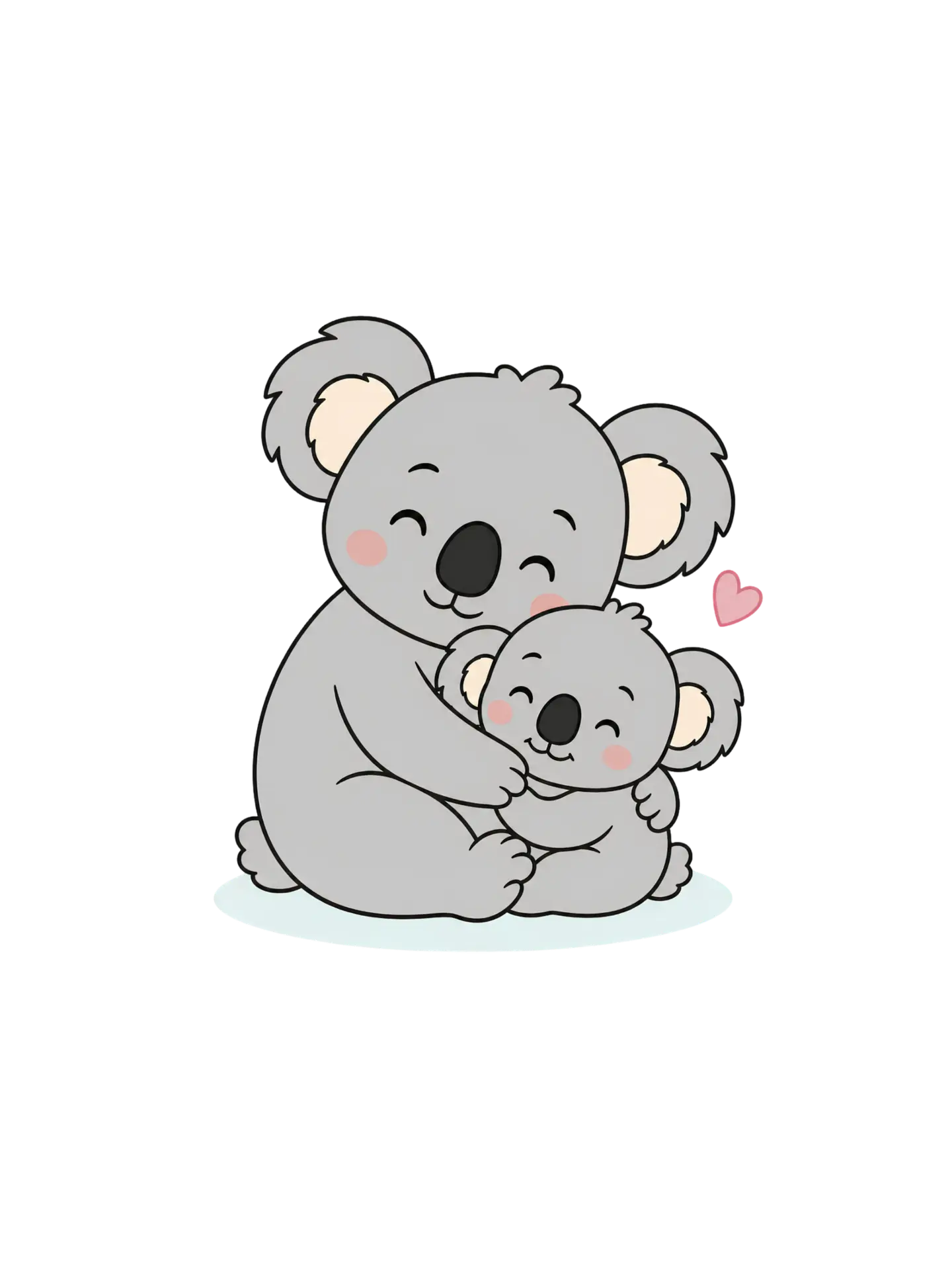 Illustration of an adult koala hugging a baby koala with a small pink heart