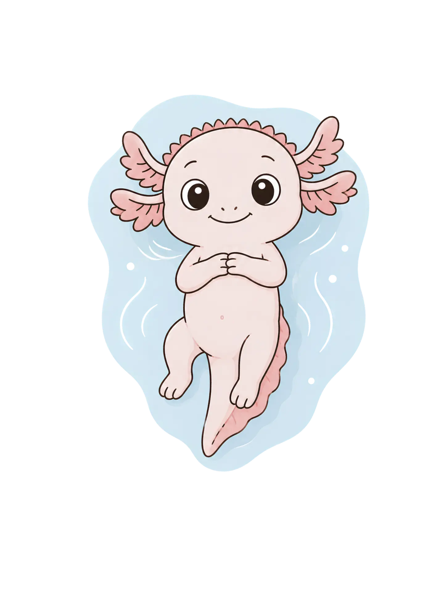 Illustration of a pink axolotl floating peacefully on a soft blue background.